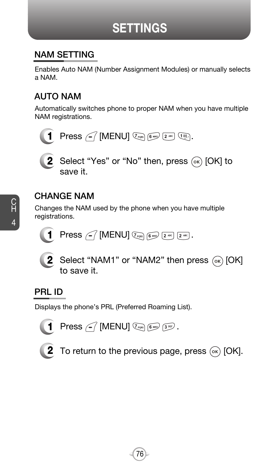 Settings | Audiovox CDM-8615 User Manual | Page 79 / 131