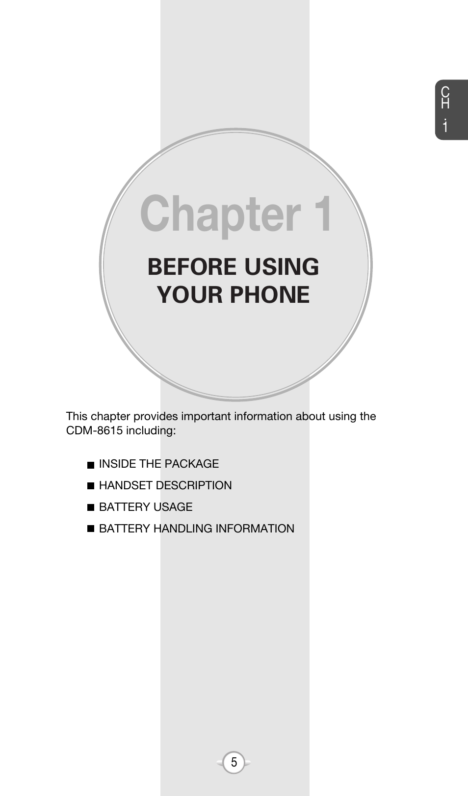 Chapter 1, Before using your phone | Audiovox CDM-8615 User Manual | Page 8 / 131