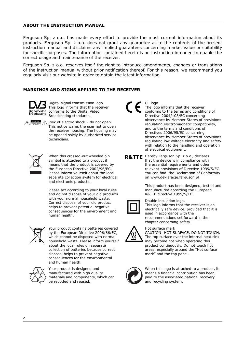 About the instruction manual, Markings and signs applied to the receiver, R&tte | Ferguson PHT-1008 User Manual | Page 4 / 13