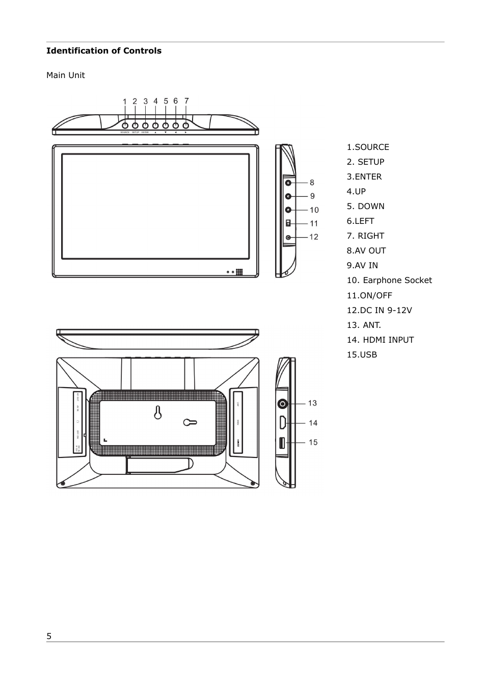 Identification of controls, Source, Setup | Enter, Down, Left, Right, Av out, Av in, Earphone socket | Ferguson PHT-1008 User Manual | Page 5 / 13