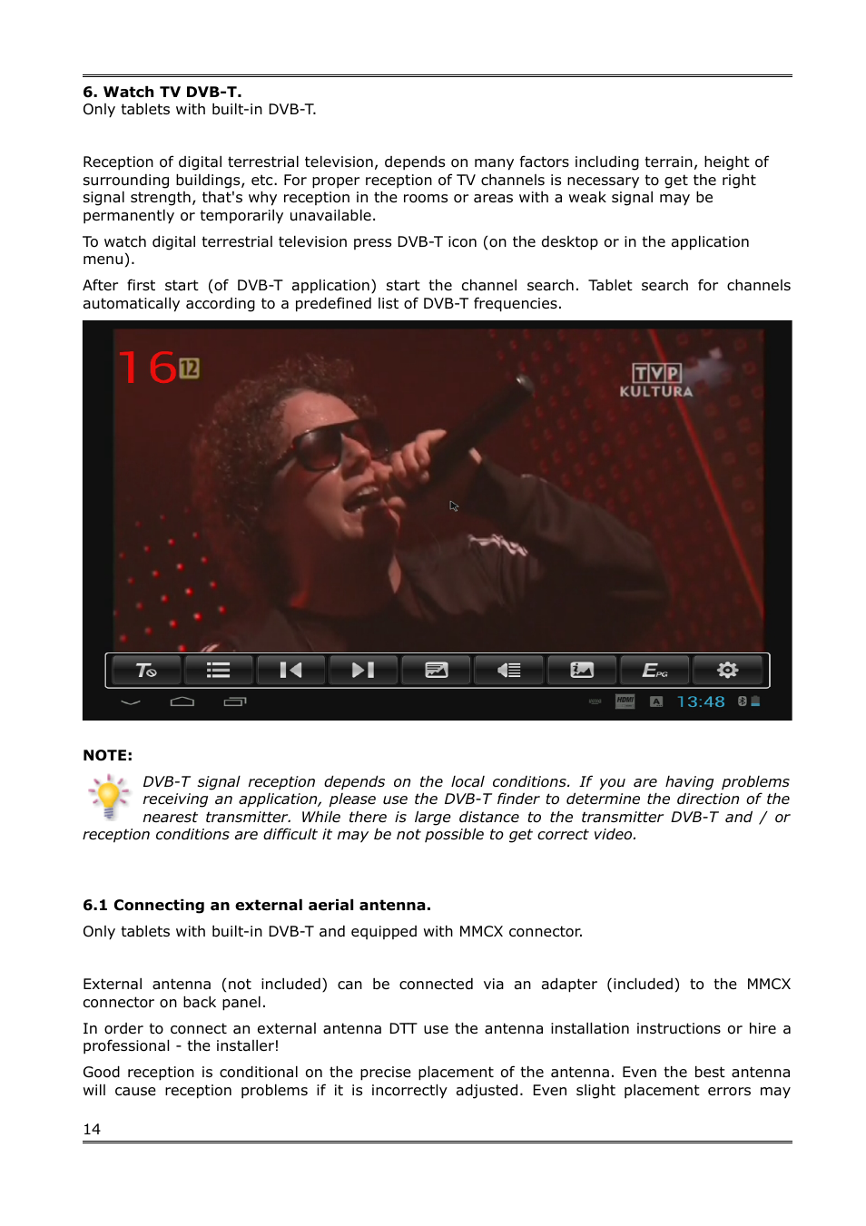 Watch tv dvb-t, 1 connecting an external aerial antenna | Ferguson Regent TV7 User Manual | Page 14 / 18