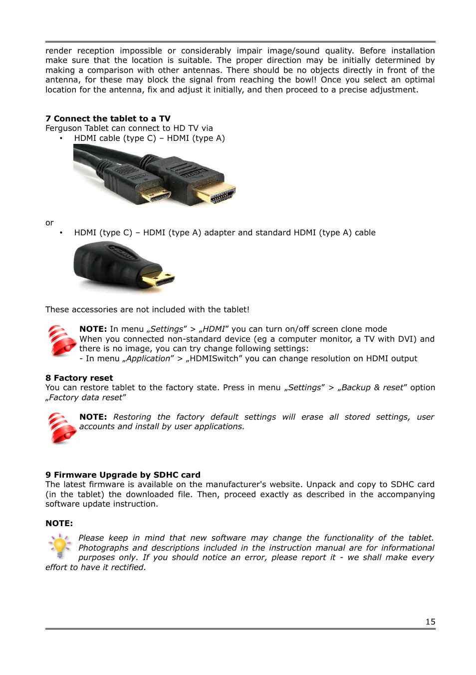 7 connect the tablet to a tv, 8 factory reset, 9 firmware upgrade by sdhc card | Ferguson Regent TV7 User Manual | Page 15 / 18