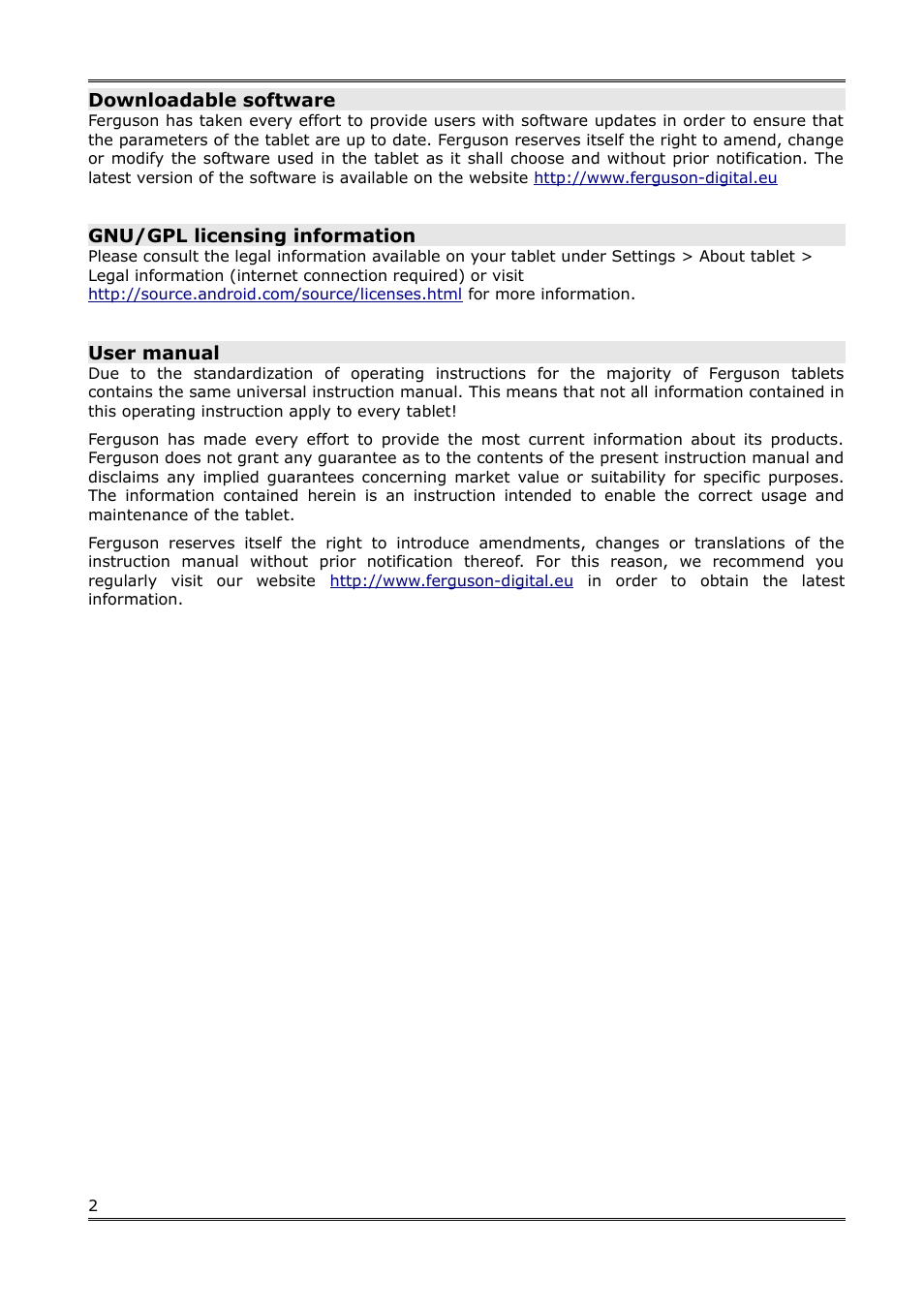 Downloadable software, Gnu/gpl licensing information, User manual | Ferguson Regent TV7 User Manual | Page 2 / 18