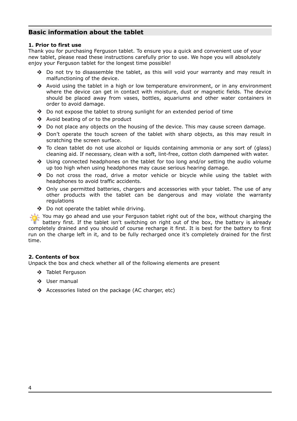 Basic information about the tablet, Prior to first use, Contents of box | Ferguson Regent TV7 User Manual | Page 4 / 18