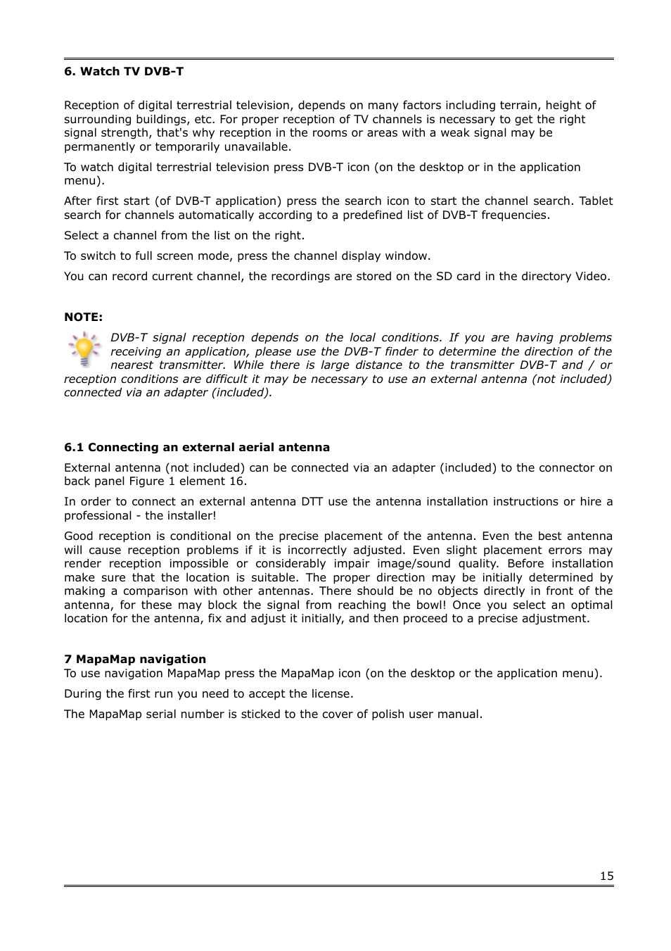 Watch tv dvb-t, 1 connecting an external aerial antenna, 7 mapamap navigation | Ferguson S3plus User Manual | Page 16 / 21