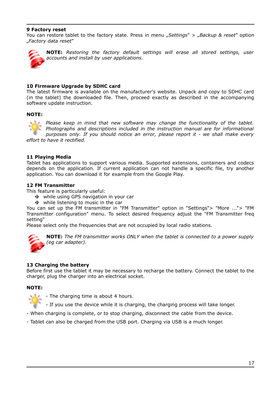 9 factory reset, 10 firmware upgrade by sdhc card, 11 playing media | 12 fm transmitter, 13 charging the battery | Ferguson S3plus User Manual | Page 18 / 21