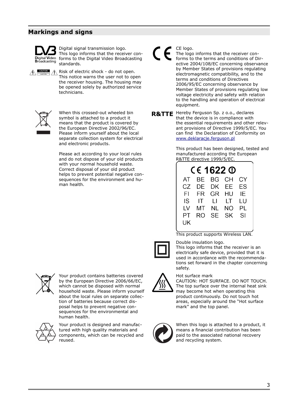 Markings and signs, R&tte | Ferguson S3plus User Manual | Page 4 / 21