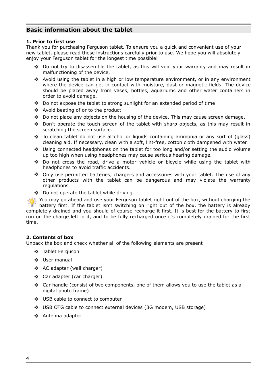 Basic information about the tablet, Prior to first use, Contents of box | Ferguson S3plus User Manual | Page 5 / 21