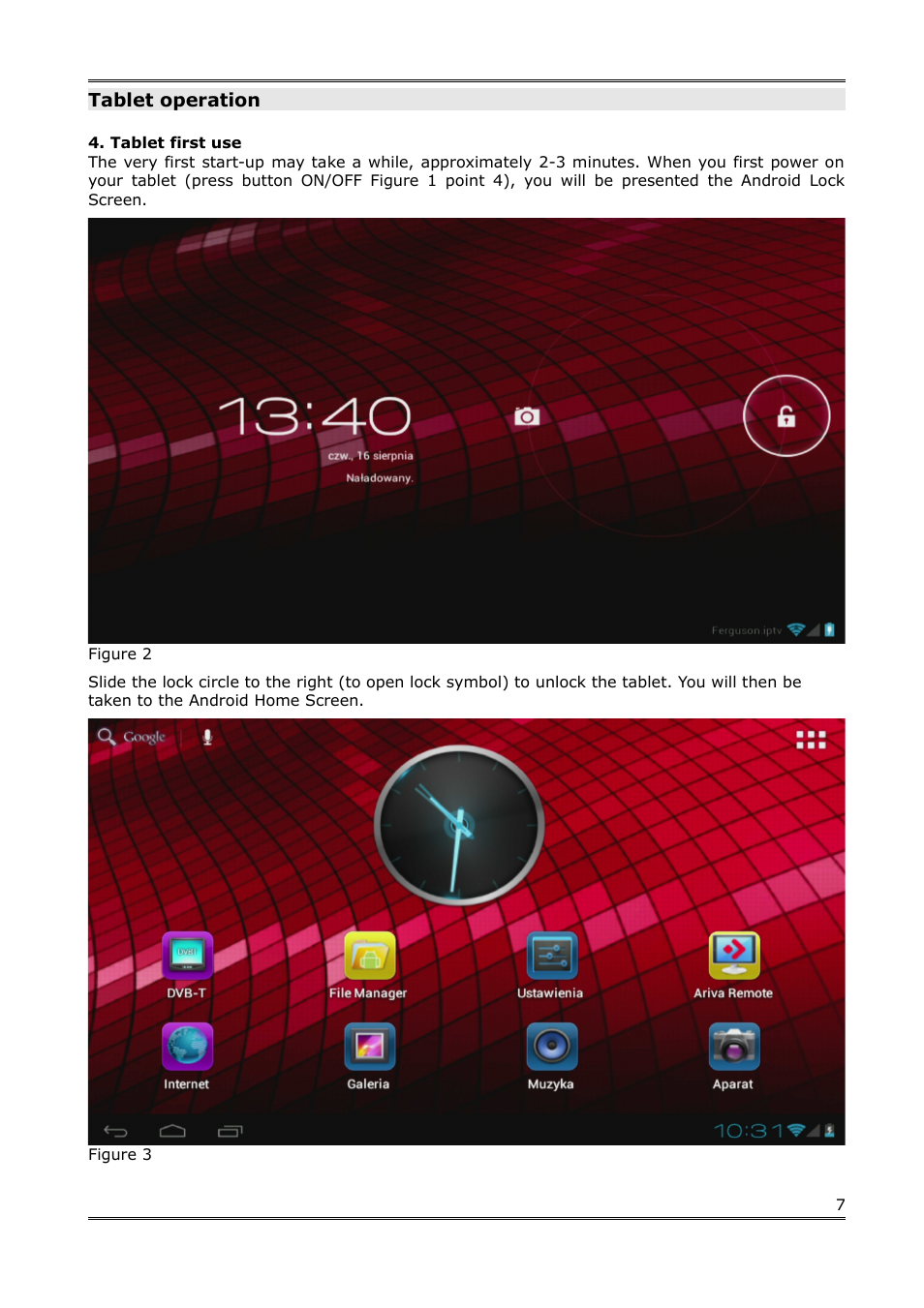 Tablet operation, Tablet first use | Ferguson S3plus User Manual | Page 8 / 21