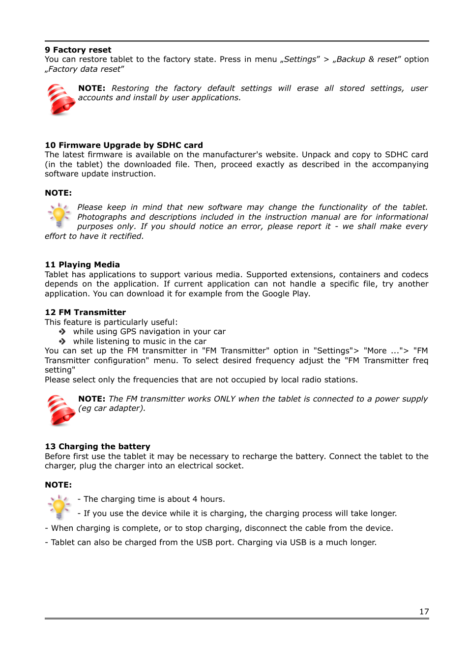 9 factory reset, 10 firmware upgrade by sdhc card, 11 playing media | 12 fm transmitter, 13 charging the battery | Ferguson S3 User Manual | Page 18 / 20