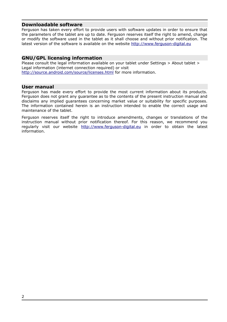 Downloadable software, Gnu/gpl licensing information, User manual | Ferguson S3 User Manual | Page 3 / 20