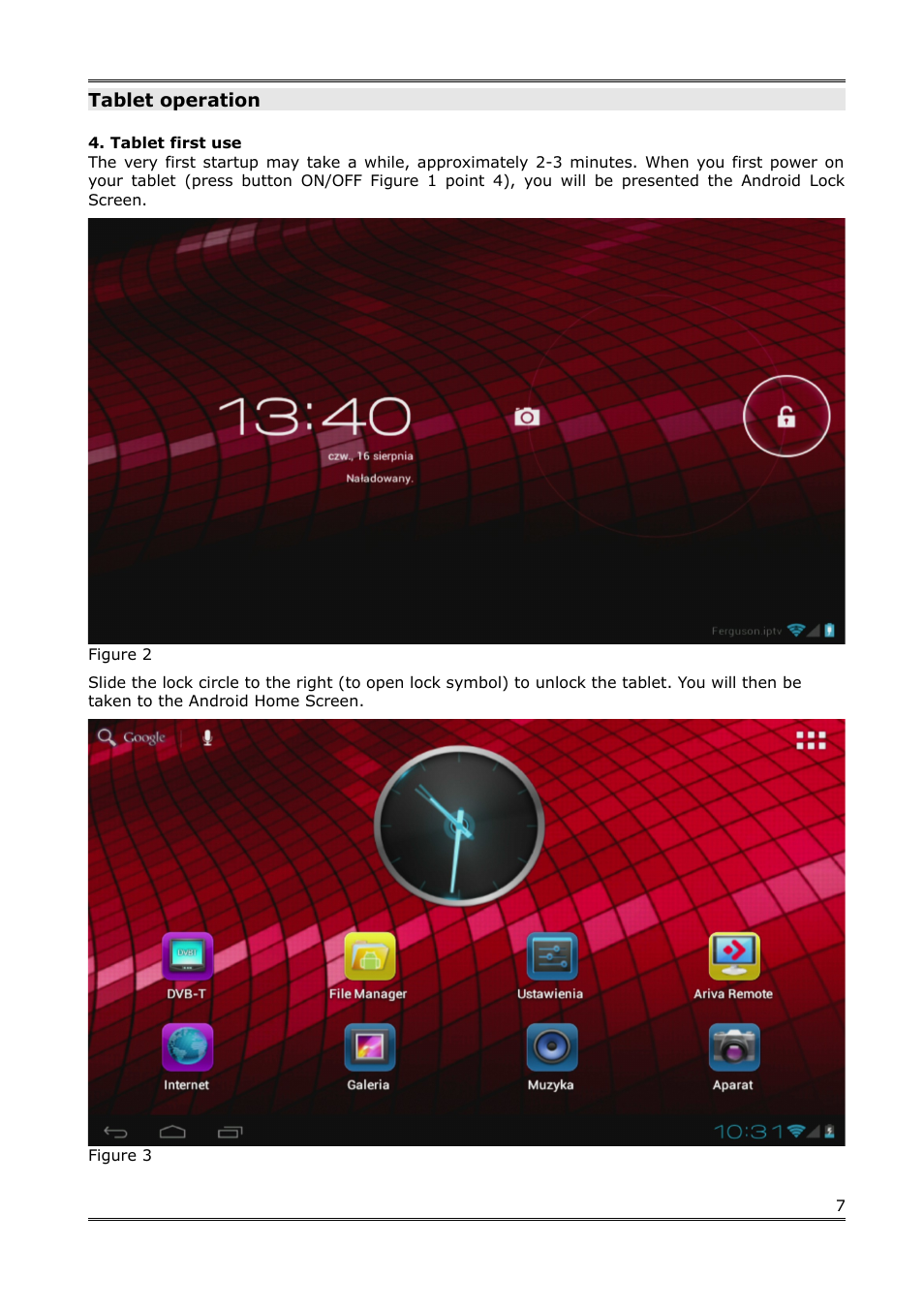 Tablet operation, Tablet first use | Ferguson S3 User Manual | Page 8 / 20