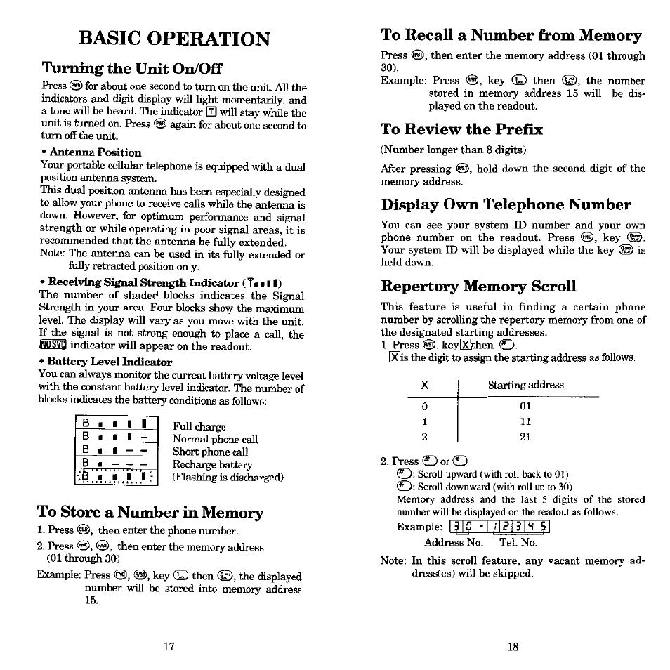 Basic operation, Turning the unit on/off, To store a number in memoiy | To recall a number from memory, To review the prefix, Display own telephone number, Repertory memory scroll | Audiovox MVX-430 User Manual | Page 10 / 20