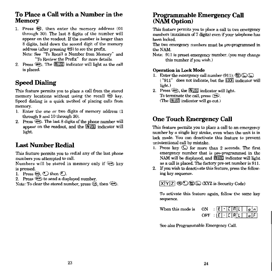 To place a call with a number in the memory, Speed dialii, Last number redial | Programmable emei^ency call (nam option), One touch emergency call | Audiovox MVX-430 User Manual | Page 13 / 20