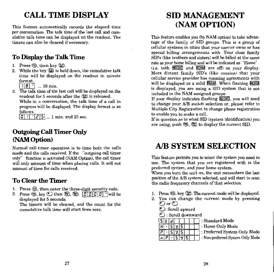 Call time display, To display the talk time, Outgoing call timer only (nam option) | To clear the timer, Sid management (nam option), A/b system selection | Audiovox MVX-430 User Manual | Page 15 / 20