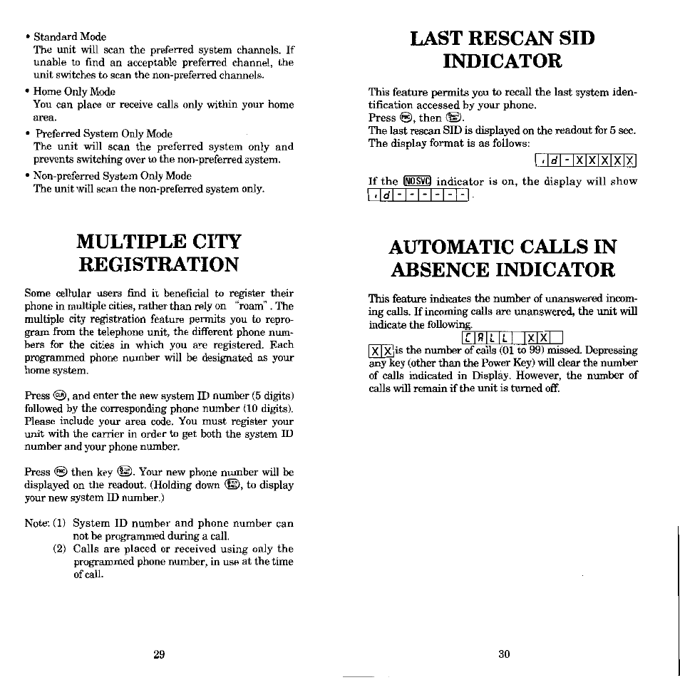 Last rescan sid indicator, Multiple city registration, Automatic calls in absence indicator | Audiovox MVX-430 User Manual | Page 16 / 20