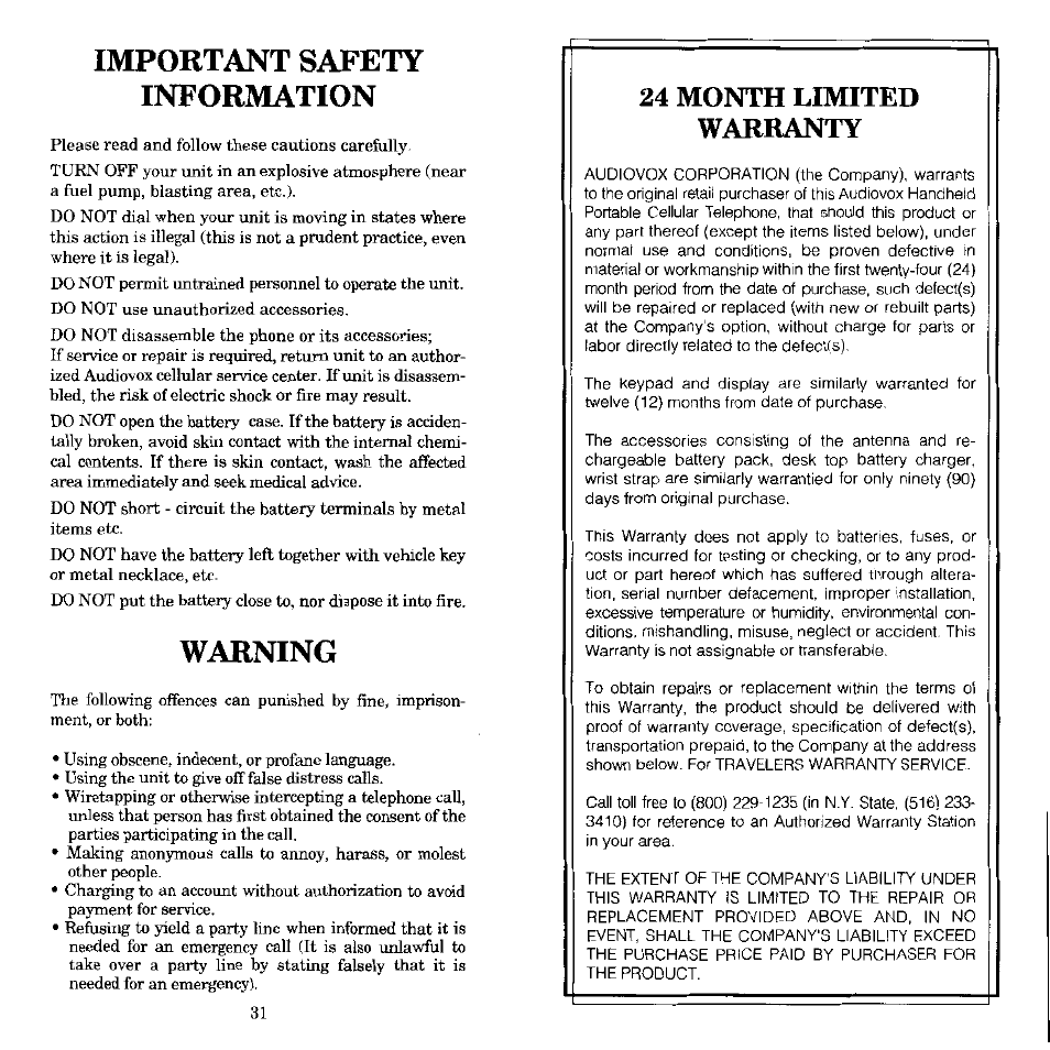 Important safety information, Warning, 24 month limited warranty | Audiovox MVX-430 User Manual | Page 17 / 20