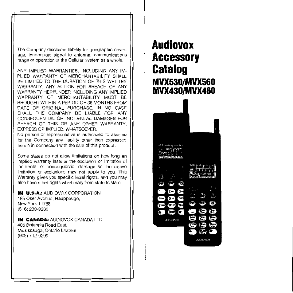 Mvx530/mvx560, Mvx430/mvx460, Audiovox accessory catalog | Audiovox MVX-430 User Manual | Page 18 / 20