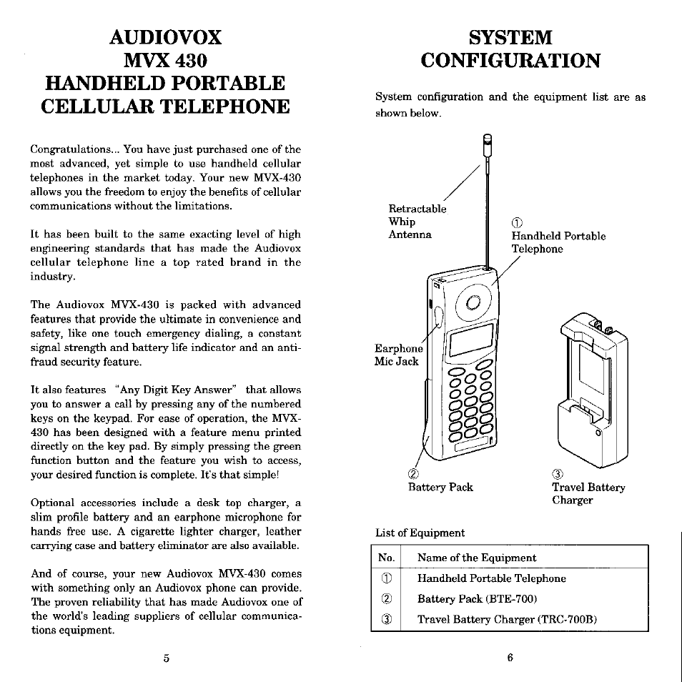 Audiovox, Mvx430, Handheld portable cellular telephone | System, Configuration, System configuration | Audiovox MVX-430 User Manual | Page 4 / 20