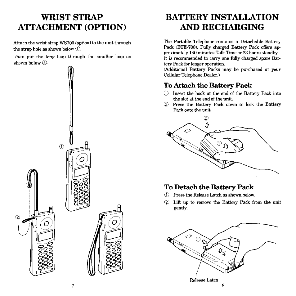 Wrist strap attachment (option), Battery installation and recharging, To attach the battery pack | To detach the batteiy pack | Audiovox MVX-430 User Manual | Page 5 / 20