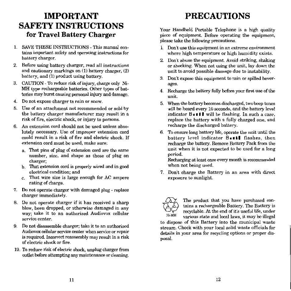 Important safety instructions, For travel battery charger, Precautions | Audiovox MVX-430 User Manual | Page 7 / 20