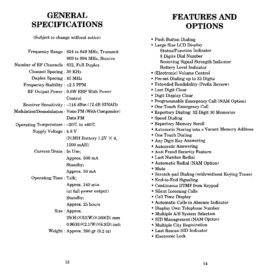 General, Specifications, Features and options | General specifications | Audiovox MVX-430 User Manual | Page 8 / 20