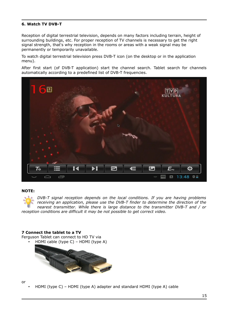 Watch tv dvb-t, 7 connect the tablet to a tv | Ferguson Regent TV8 User Manual | Page 16 / 20