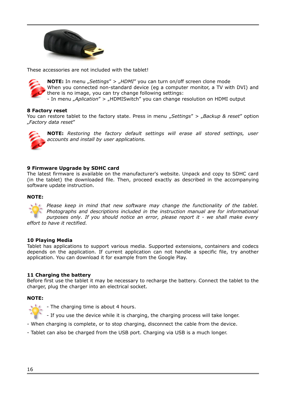 8 factory reset, 9 firmware upgrade by sdhc card, 10 playing media | 11 charging the battery | Ferguson Regent TV8 User Manual | Page 17 / 20