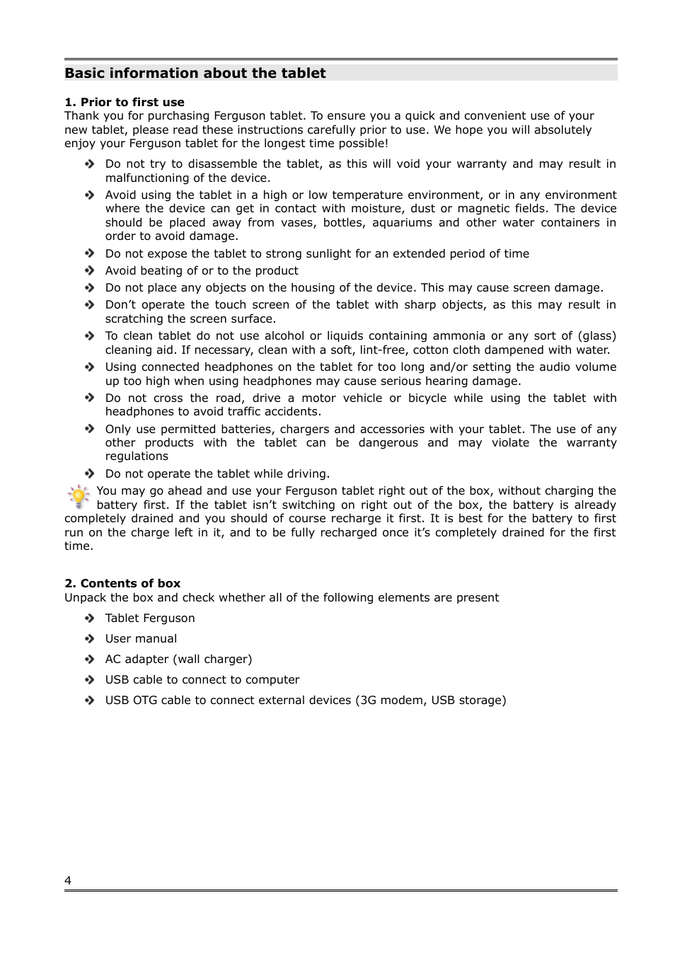 Basic information about the tablet, Prior to first use, Contents of box | Ferguson Regent TV8 User Manual | Page 5 / 20