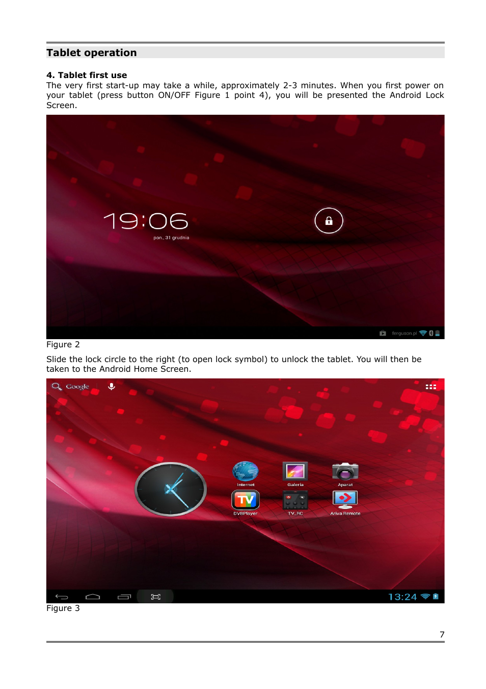 Tablet operation, Tablet first use | Ferguson Regent TV8 User Manual | Page 8 / 20