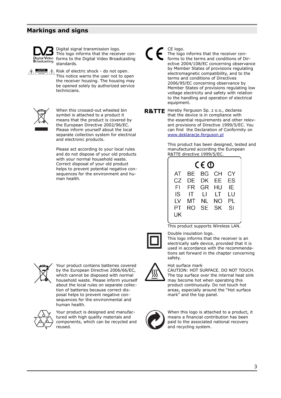 Markings and signs, R&tte | Ferguson Regent 10 User Manual | Page 4 / 21