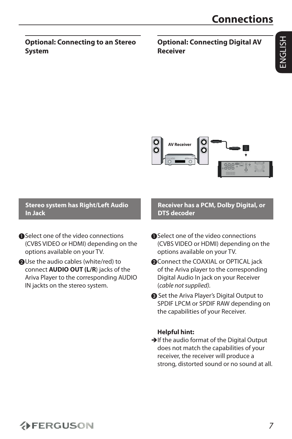 Connections, English | Ferguson Ariva HDplayer 310 User Manual | Page 11 / 38