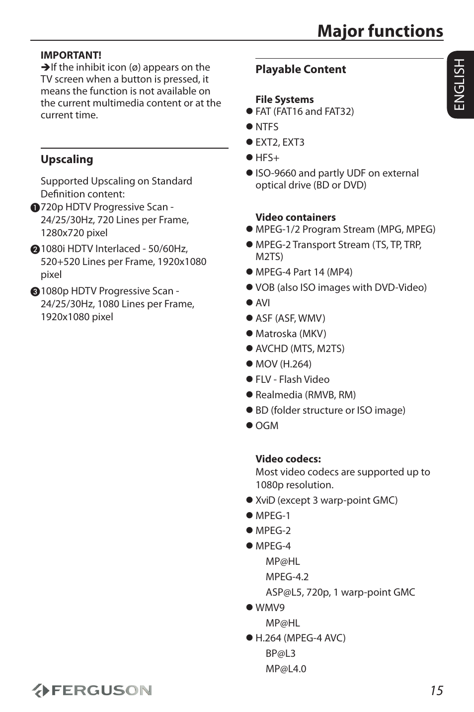 Major functions, 15 english | Ferguson Ariva HDplayer 310 User Manual | Page 19 / 38
