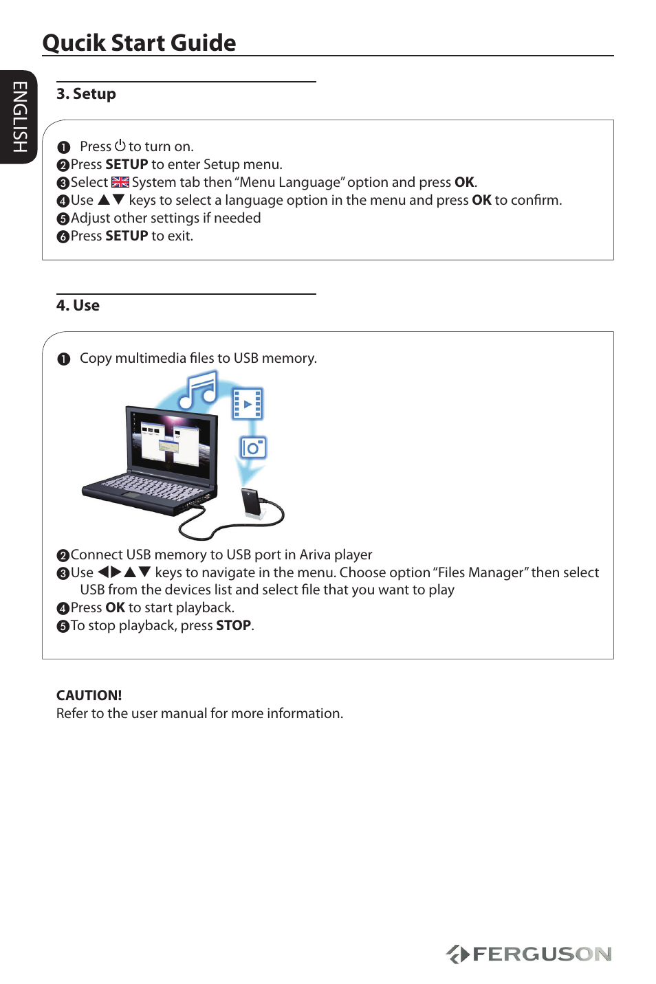 Qucik start guide, English, Setup | Ferguson Ariva HDplayer 310 User Manual | Page 2 / 38