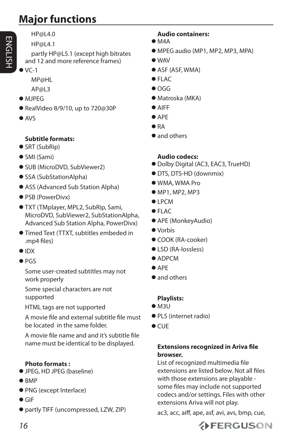 Major functions, 16 english | Ferguson Ariva HDplayer 310 User Manual | Page 20 / 38