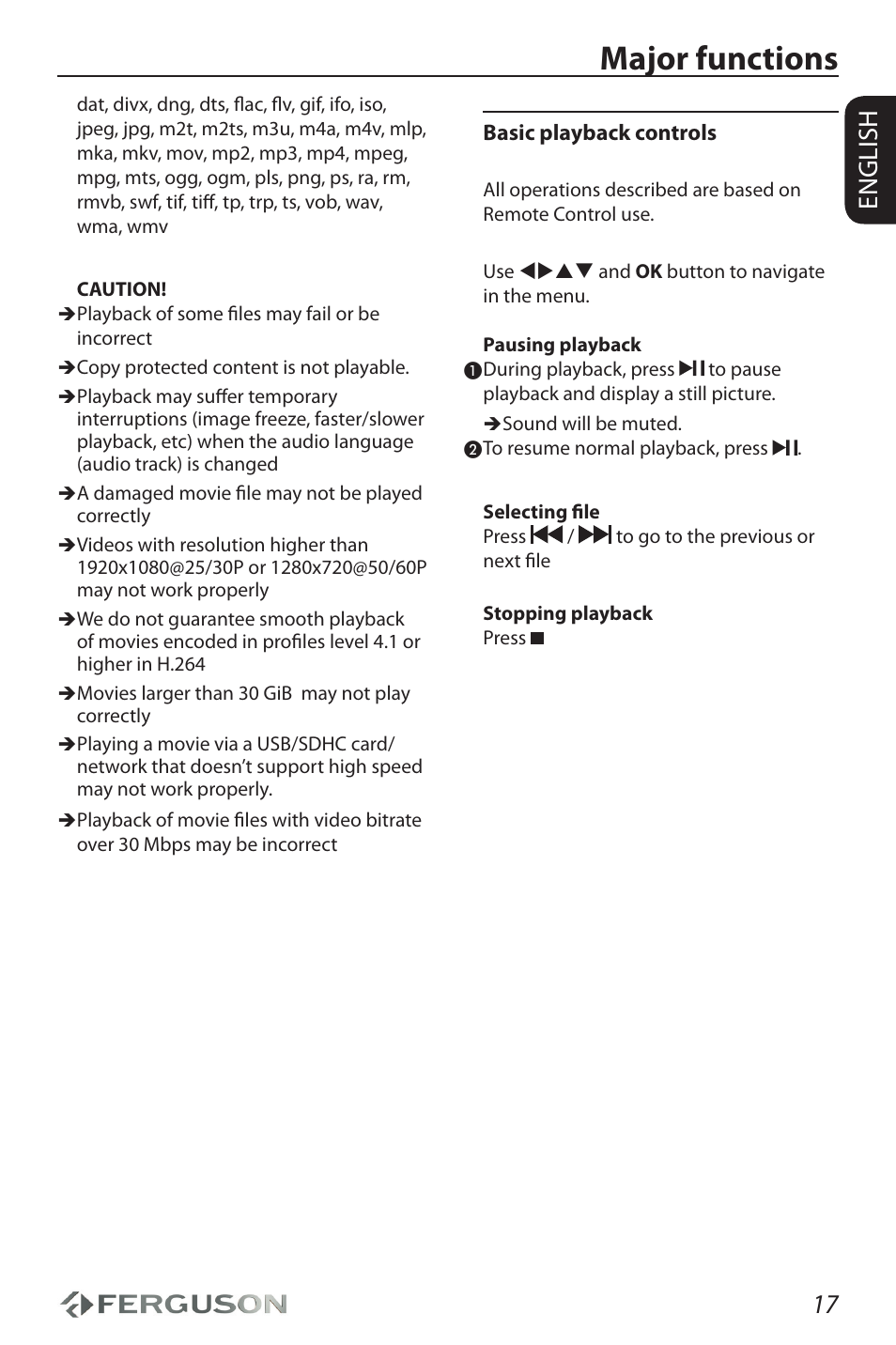Major functions, 17 english | Ferguson Ariva HDplayer 310 User Manual | Page 21 / 38