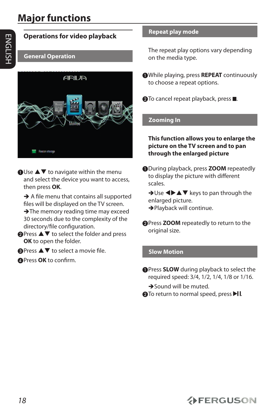 Major functions, 18 english | Ferguson Ariva HDplayer 310 User Manual | Page 22 / 38
