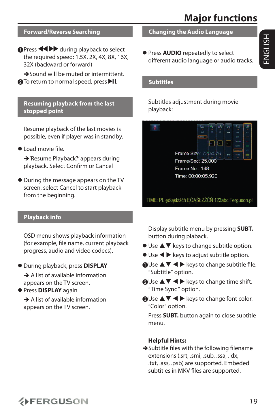 Major functions, 19 english | Ferguson Ariva HDplayer 310 User Manual | Page 23 / 38