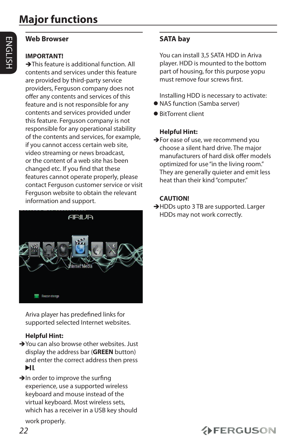 Major functions, 22 english | Ferguson Ariva HDplayer 310 User Manual | Page 26 / 38