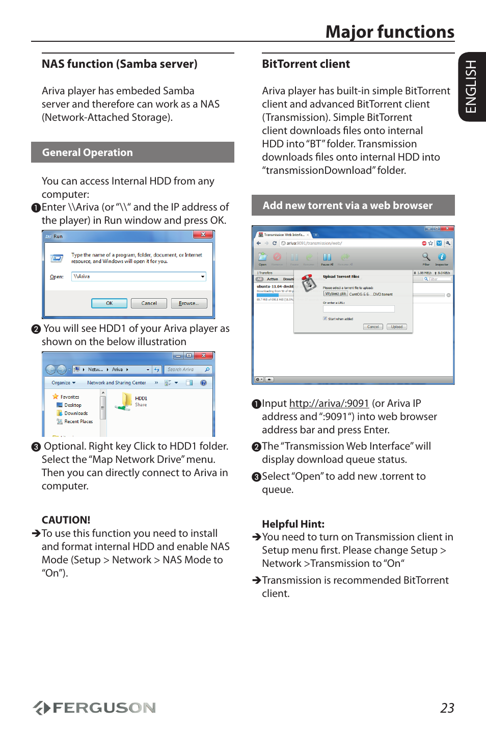 Major functions, 23 english | Ferguson Ariva HDplayer 310 User Manual | Page 27 / 38