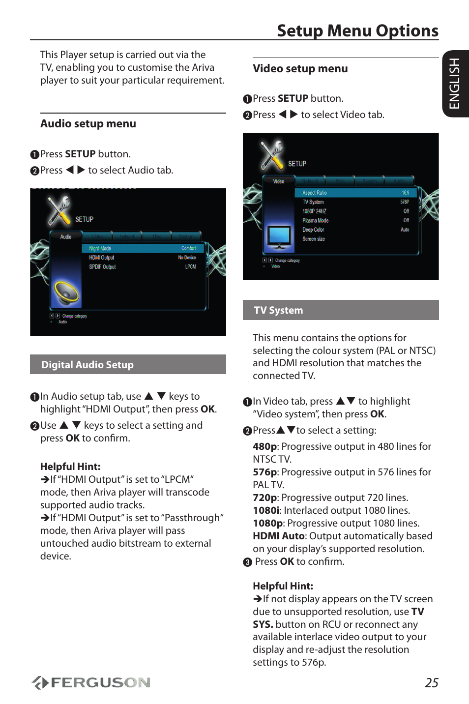 Setup menu options, 25 english | Ferguson Ariva HDplayer 310 User Manual | Page 29 / 38