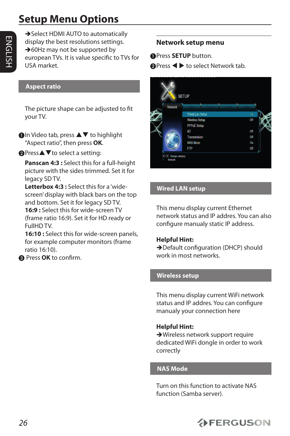 Setup menu options, 26 english | Ferguson Ariva HDplayer 310 User Manual | Page 30 / 38