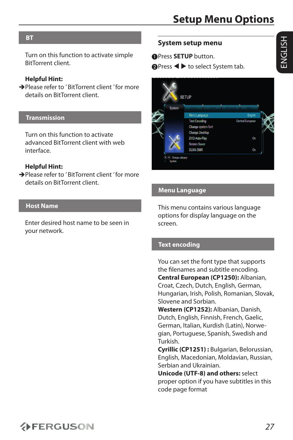 Setup menu options, 27 english | Ferguson Ariva HDplayer 310 User Manual | Page 31 / 38