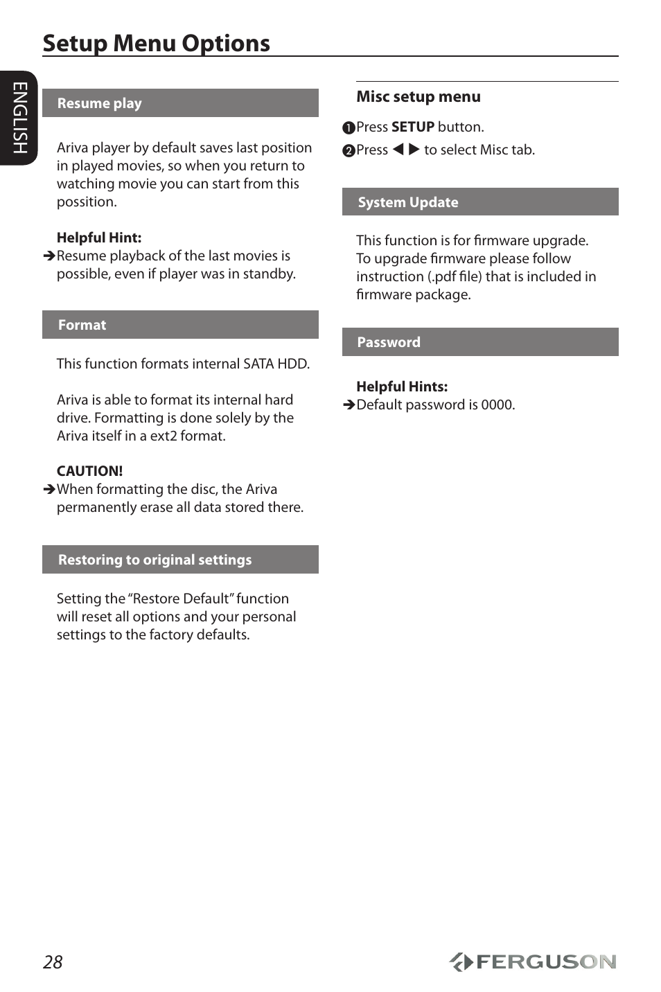 Setup menu options, 28 english | Ferguson Ariva HDplayer 310 User Manual | Page 32 / 38