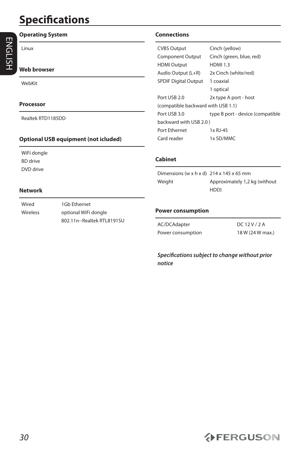 Specifications, 30 english | Ferguson Ariva HDplayer 310 User Manual | Page 34 / 38