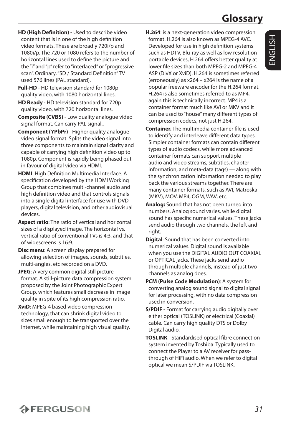 Glossary, 31 english | Ferguson Ariva HDplayer 310 User Manual | Page 35 / 38