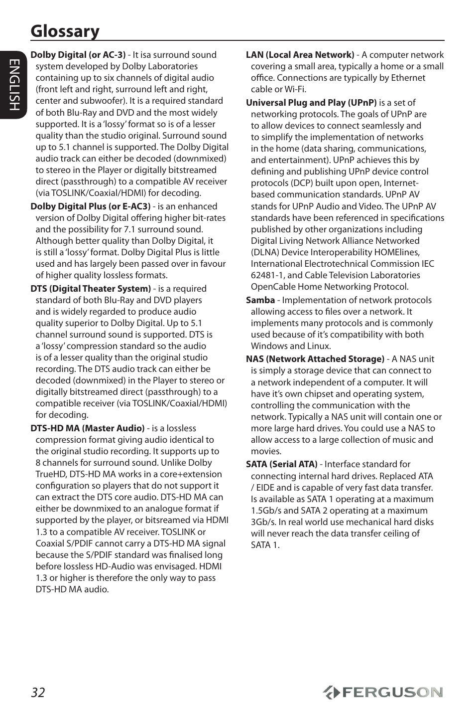 Glossary, 32 english | Ferguson Ariva HDplayer 310 User Manual | Page 36 / 38