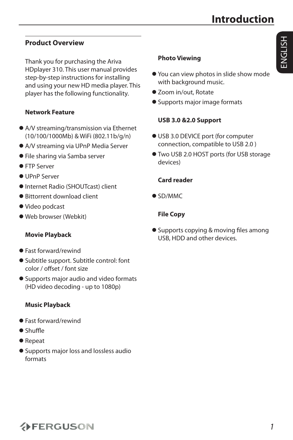 Introduction, 1english | Ferguson Ariva HDplayer 310 User Manual | Page 5 / 38