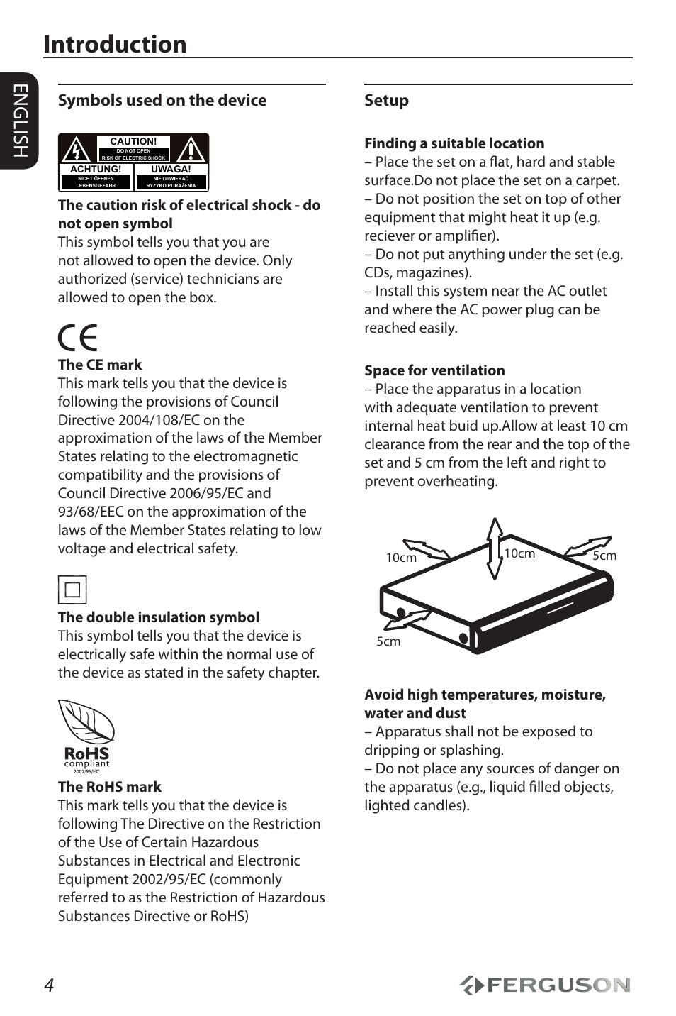 Introduction, 4english, Symbols used on the device | Setup | Ferguson Ariva HDplayer 310 User Manual | Page 8 / 38