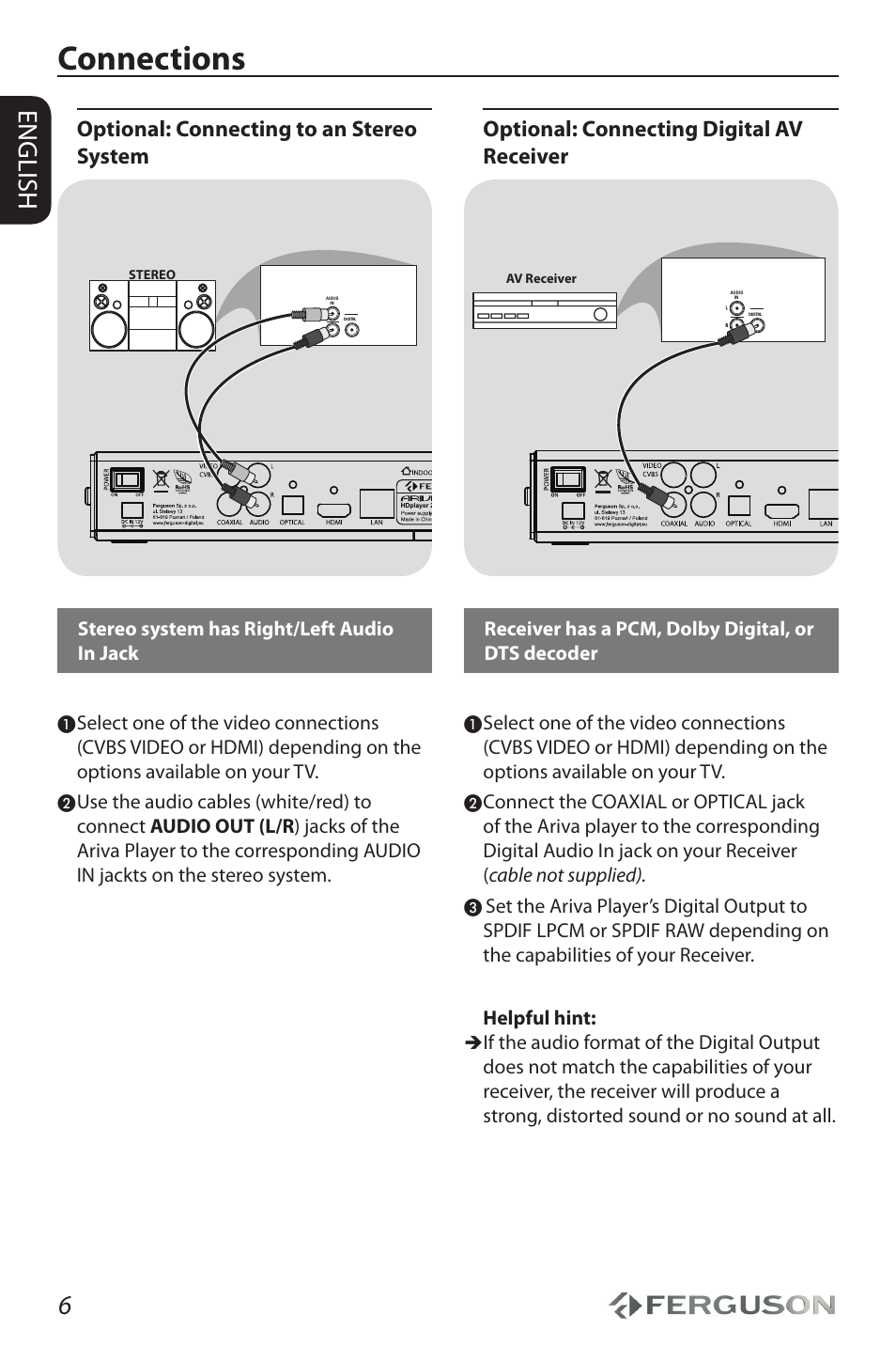 Connections, English, Optional: connecting to an stereo system | Optional: connecting digital av receiver, Stereo system has right/left audio in jack, Receiver has a pcm, dolby digital, or dts decoder | Ferguson Ariva HDplayer 210 User Manual | Page 10 / 36